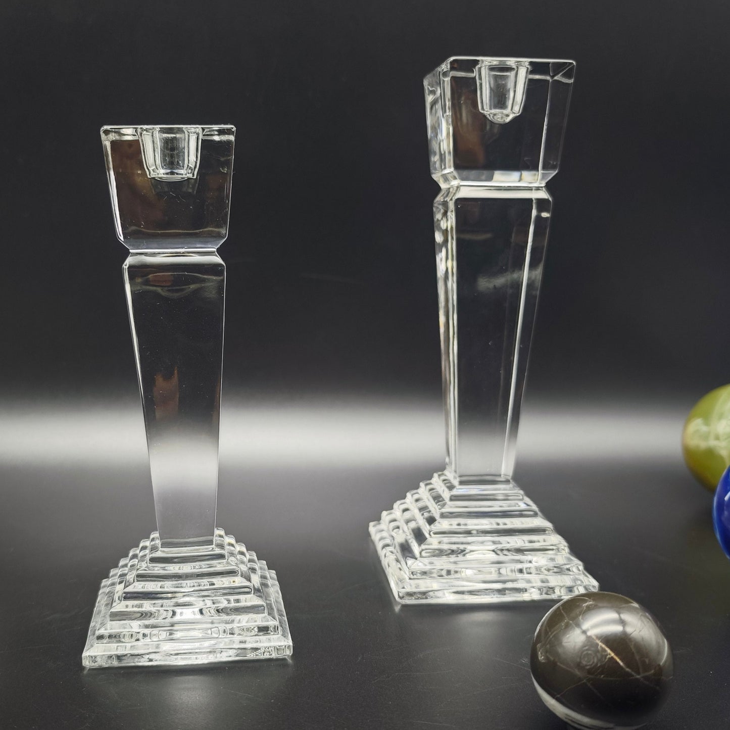 2x Nachtmann candlesticks modern Art Deco crystal glass obelisk staircase pyramid set candlesticks