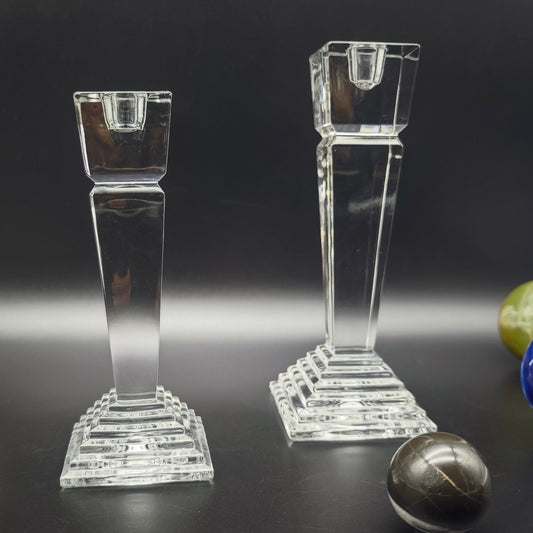 2x Nachtmann candlesticks modern Art Deco crystal glass obelisk staircase pyramid set candlesticks
