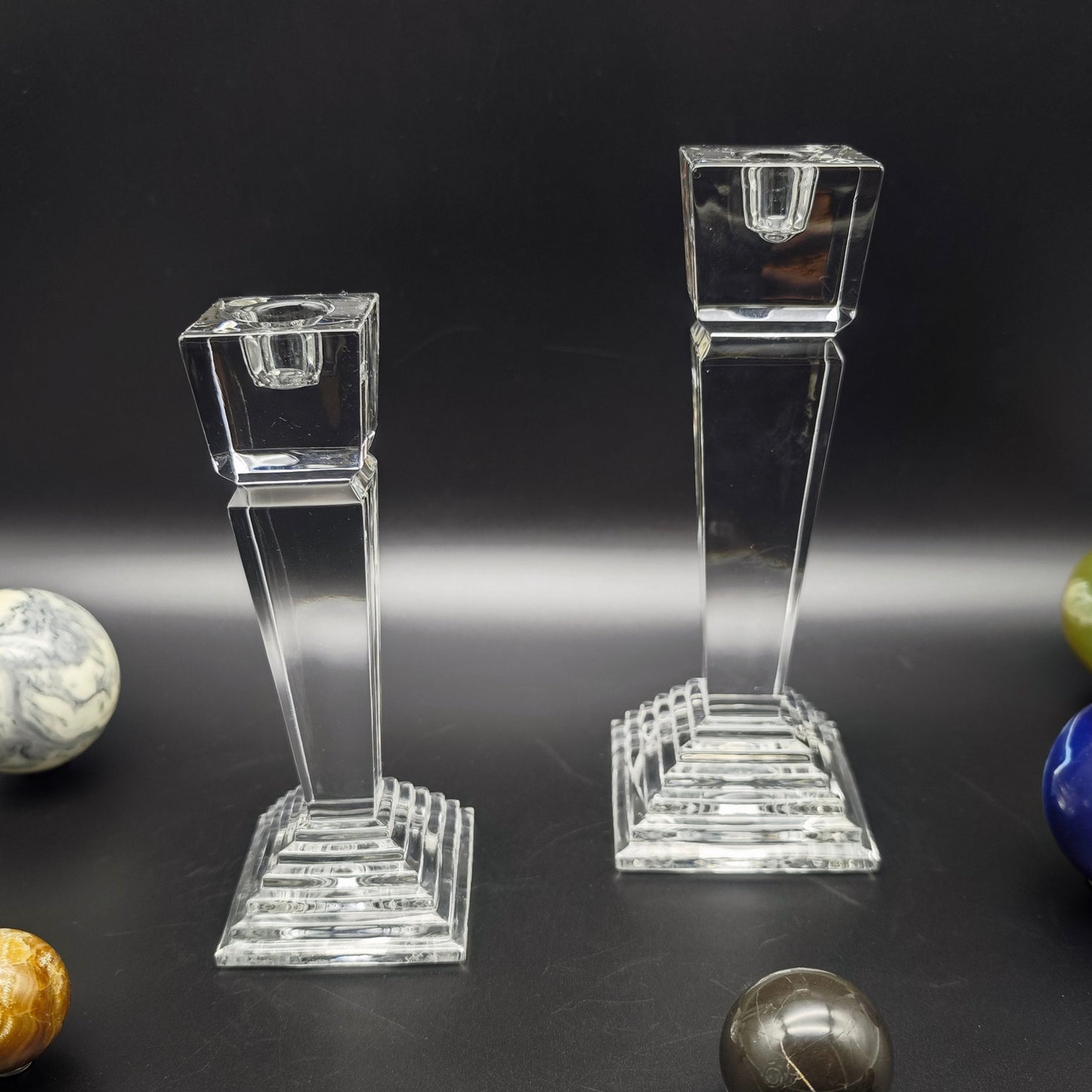 2x Nachtmann candlesticks modern Art Deco crystal glass obelisk staircase pyramid set candlesticks
