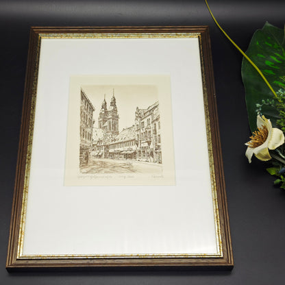 Radierung Speyer Gilgenstraße signiert gerahmt Wandbild Souvenir St. Joseph Kirche Rheinland-Pfalz