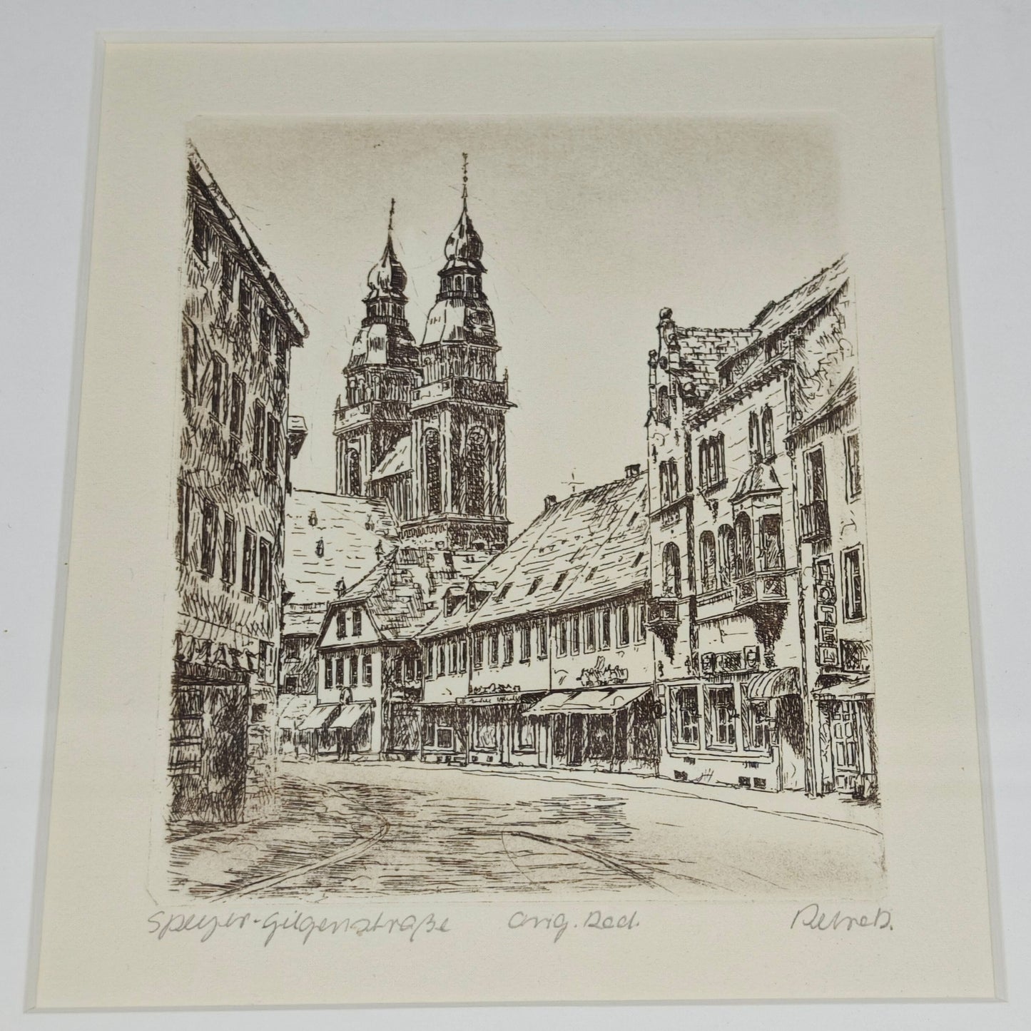Radierung Speyer Gilgenstraße signiert gerahmt Wandbild Souvenir St. Joseph Kirche Rheinland-Pfalz