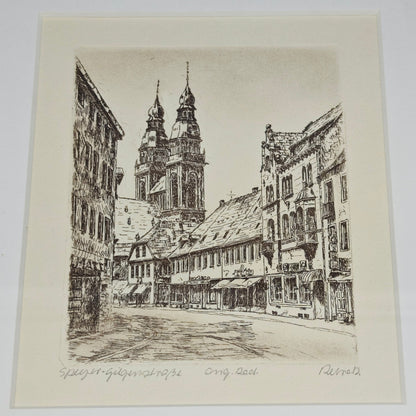 Radierung Speyer Gilgenstraße signiert gerahmt Wandbild Souvenir St. Joseph Kirche Rheinland-Pfalz