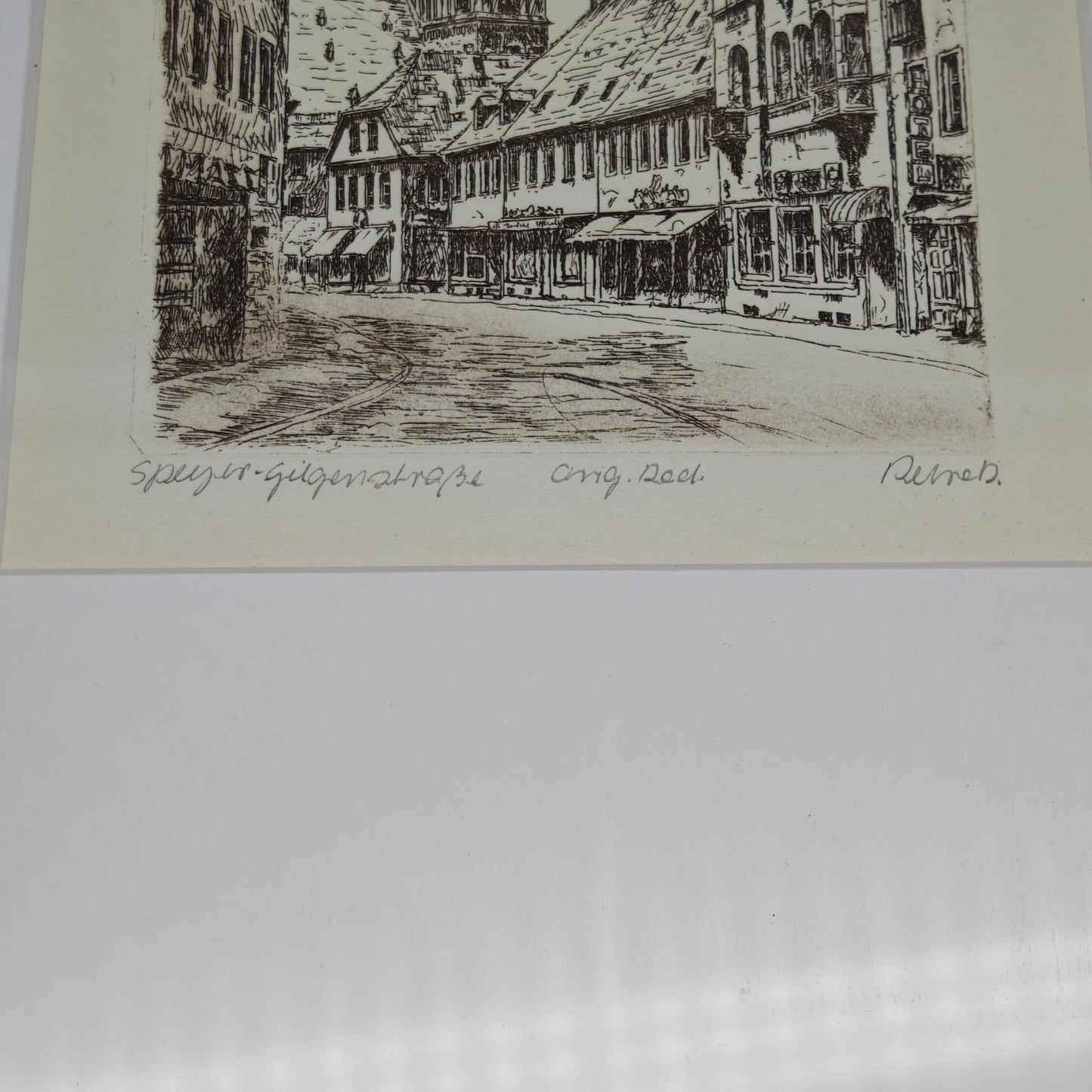 Radierung Speyer Gilgenstraße signiert gerahmt Wandbild Souvenir St. Joseph Kirche Rheinland-Pfalz