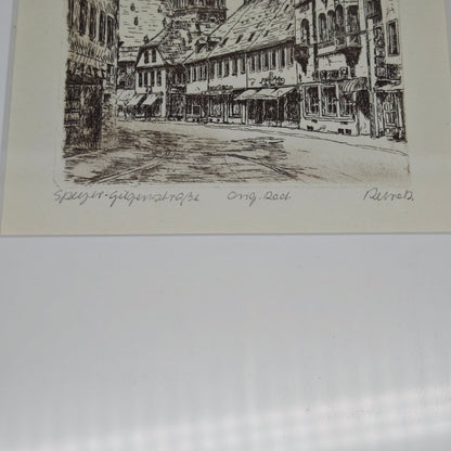 Radierung Speyer Gilgenstraße signiert gerahmt Wandbild Souvenir St. Joseph Kirche Rheinland-Pfalz