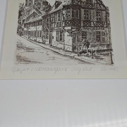 Radierung Speyer Nikolausgasse signiert gerahmt Wandbild Souvenir Gasthaus zum Halbmond Dom zu Speyer Rheinland-Pfalz Fachwerkhaus Kaiserdom
