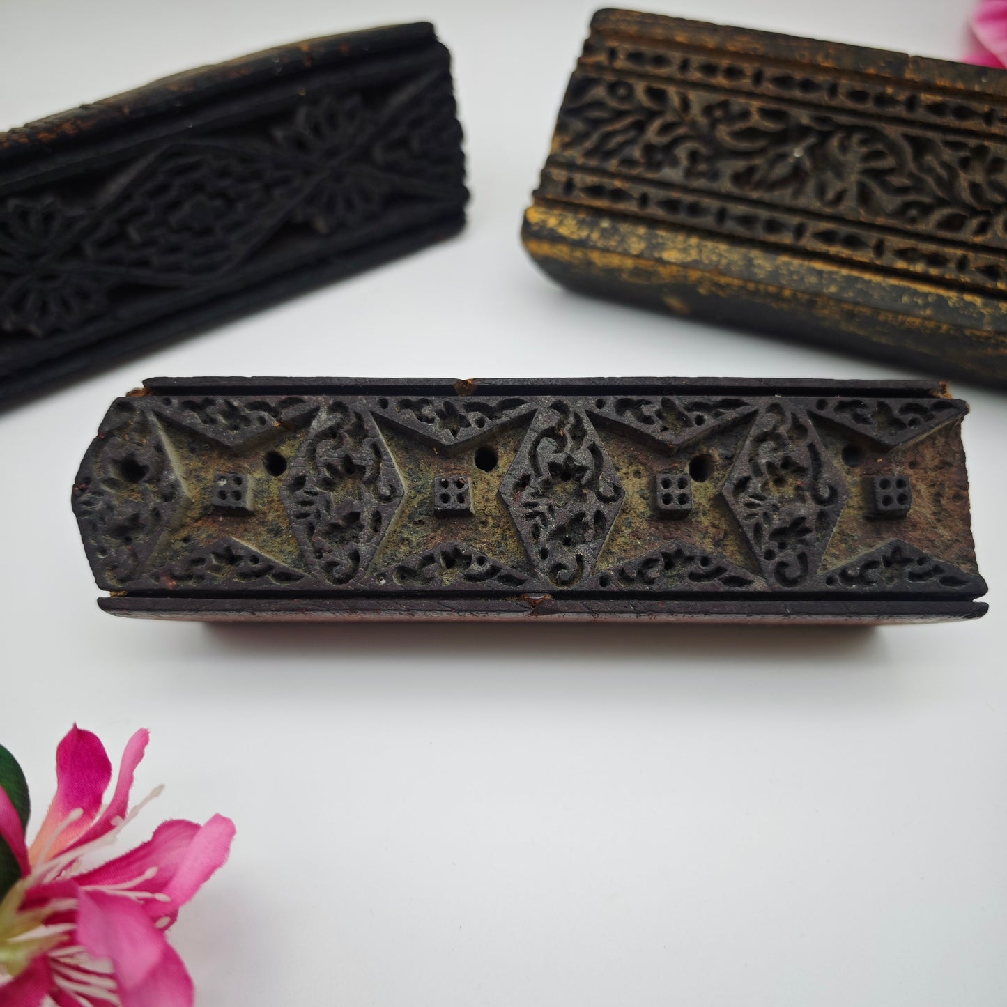 Lot de 3 tampons Batik en bois sculptés à la main, vintage, pour tissu, modèle d'impression, Inde, Pakistan, antique