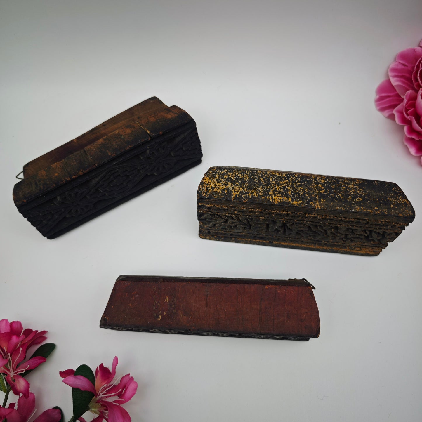Lot de 3 tampons Batik en bois sculptés à la main, vintage, pour tissu, modèle d'impression, Inde, Pakistan, antique