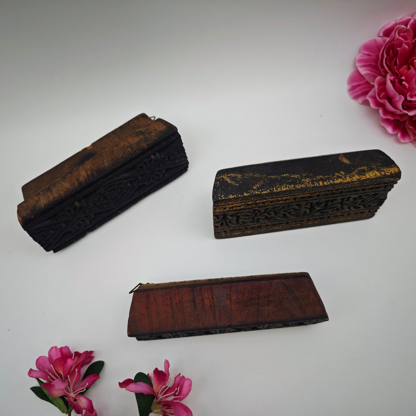 Lot de 3 tampons Batik en bois sculptés à la main, vintage, pour tissu, modèle d'impression, Inde, Pakistan, antique