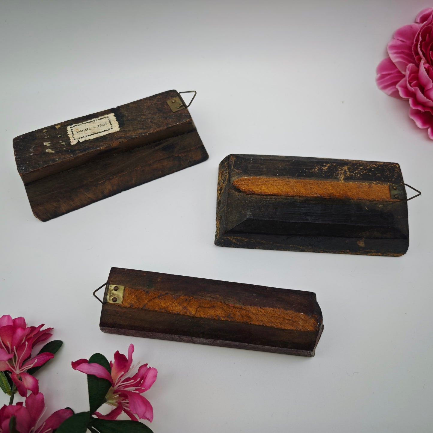 Lot de 3 tampons Batik en bois sculptés à la main, vintage, pour tissu, modèle d'impression, Inde, Pakistan, antique