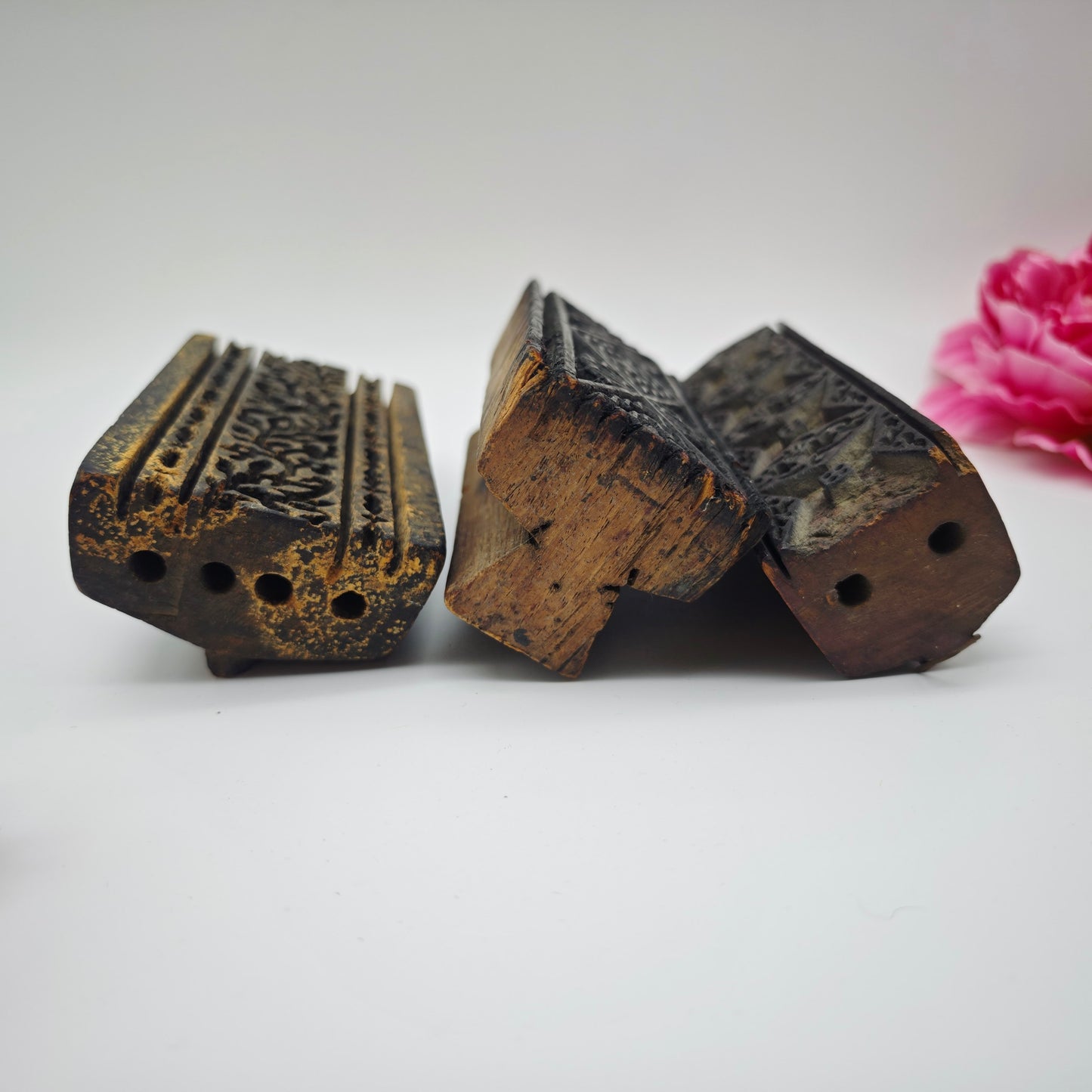 Lot de 3 tampons Batik en bois sculptés à la main, vintage, pour tissu, modèle d'impression, Inde, Pakistan, antique