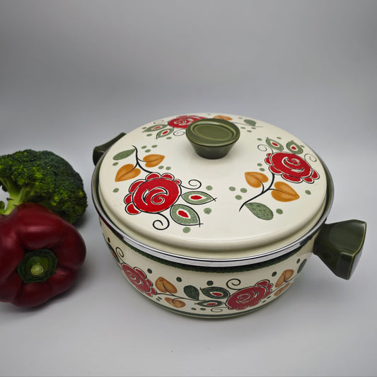 Cooking pot Baumann Tirol floral pattern enamel pot lid vintage beige green red roses