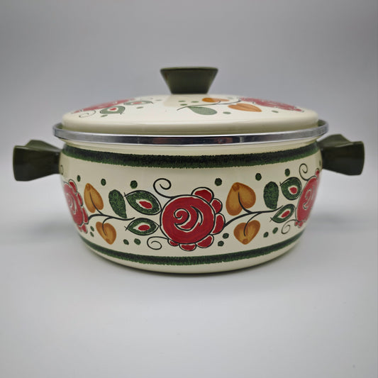 Cooking pot Baumann Tirol floral pattern enamel pot lid vintage beige green red roses