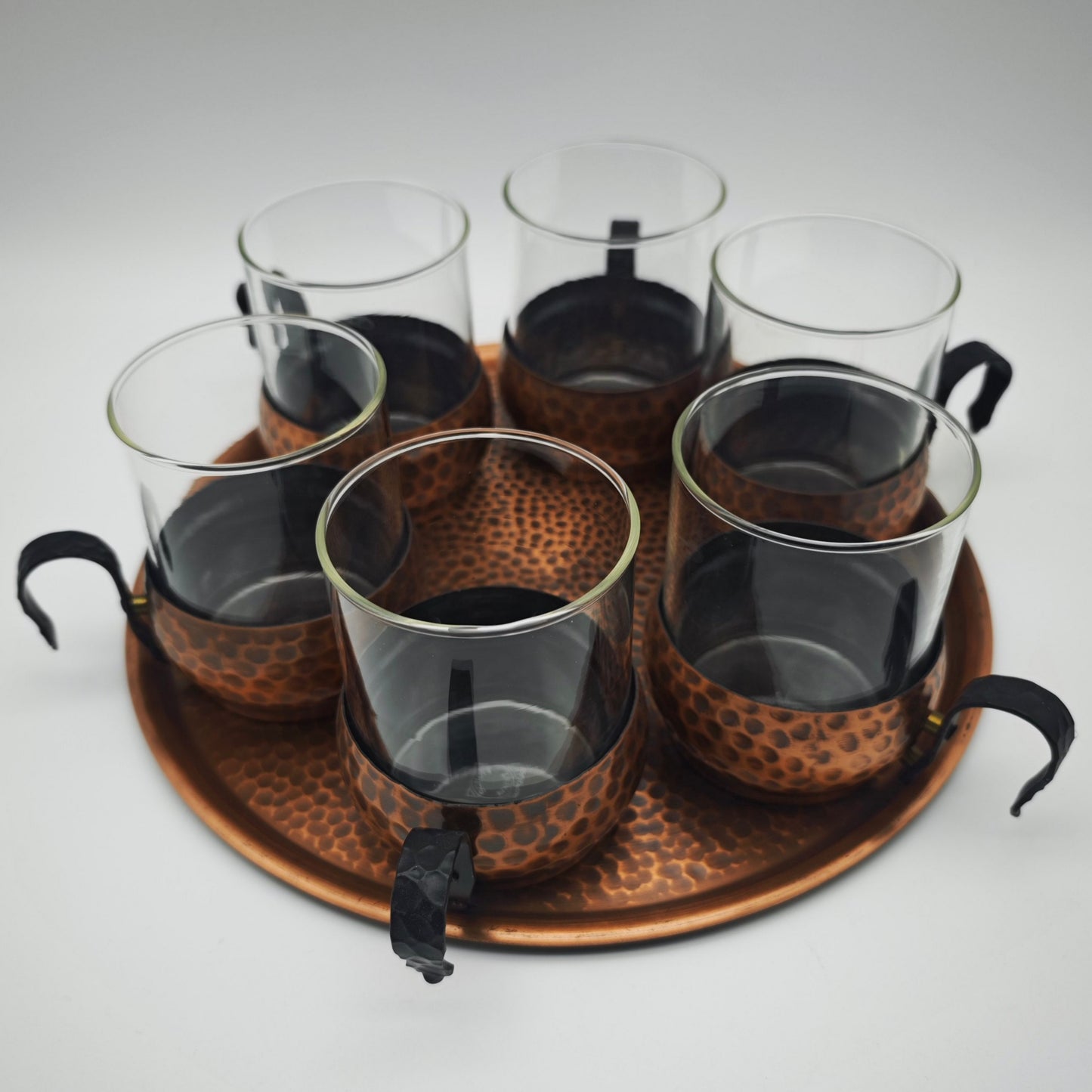 Set of 6 tea glasses with tray copper hammered midcentury vintage tea glass set serving tray page age
