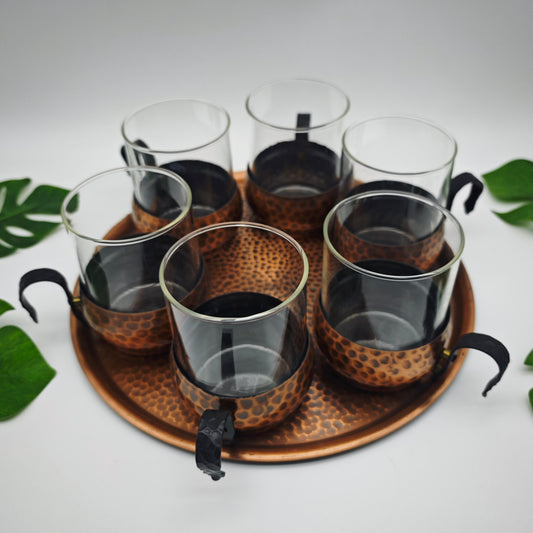 Set of 6 tea glasses with tray copper hammered midcentury vintage tea glass set serving tray page age