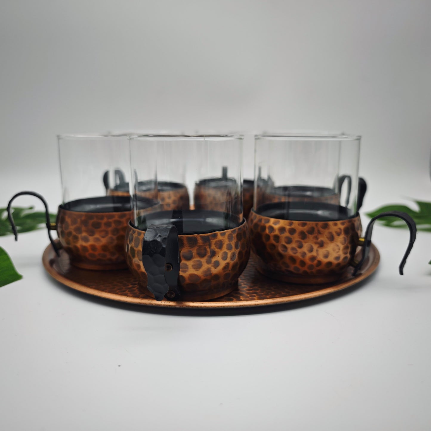 Set of 6 tea glasses with tray copper hammered midcentury vintage tea glass set serving tray page age