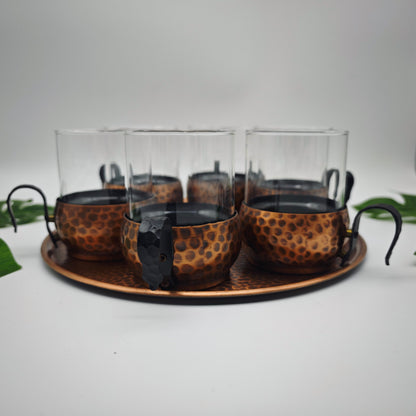 Set of 6 tea glasses with tray copper hammered midcentury vintage tea glass set serving tray page age