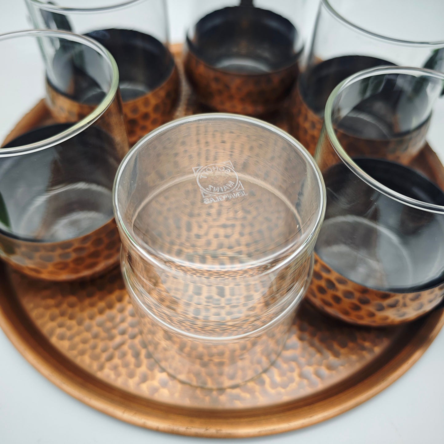 Set of 6 tea glasses with tray copper hammered midcentury vintage tea glass set serving tray page age