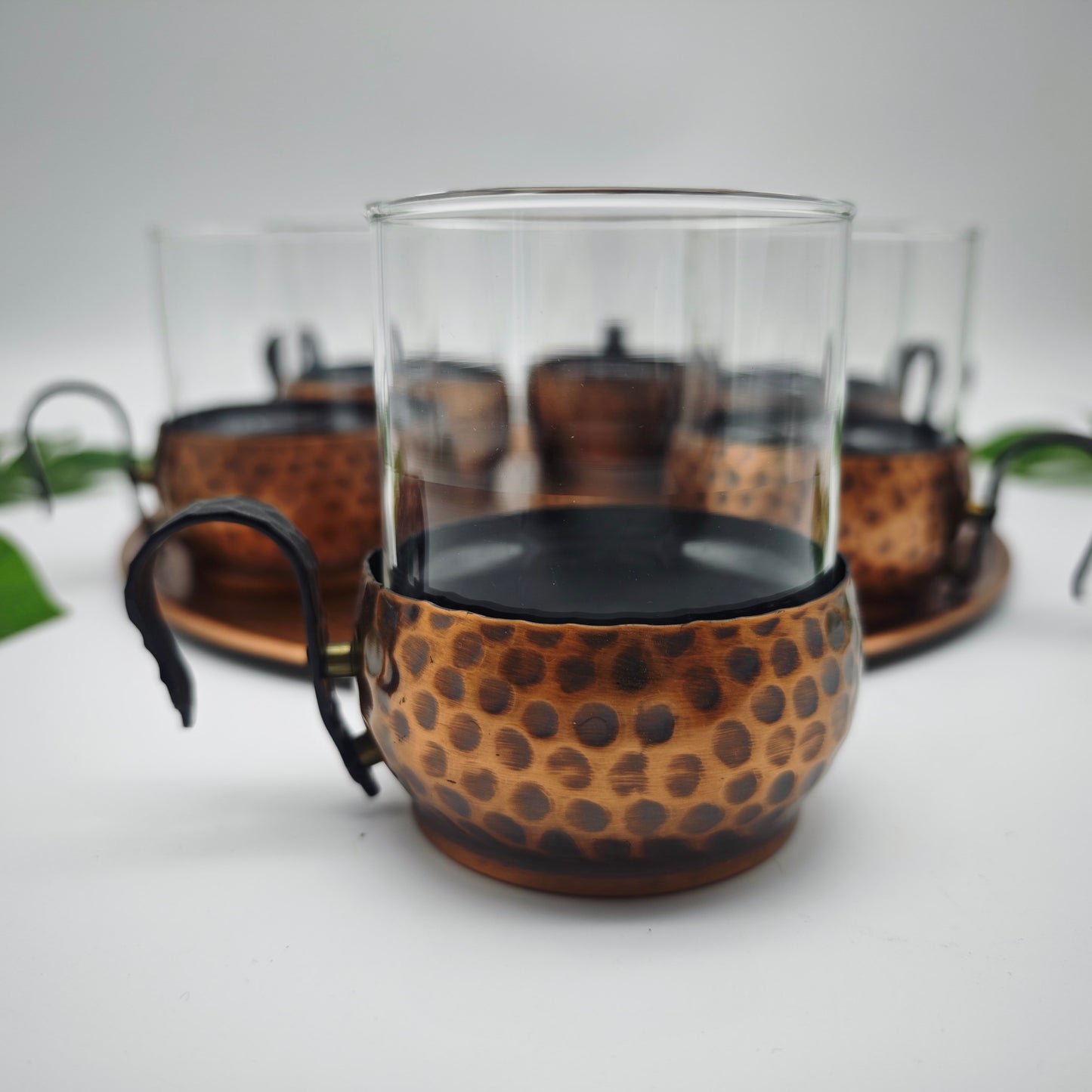 Set of 6 tea glasses with tray copper hammered midcentury vintage tea glass set serving tray page age