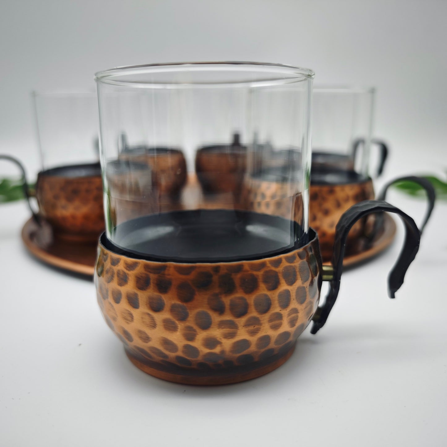 Set of 6 tea glasses with tray copper hammered midcentury vintage tea glass set serving tray page age