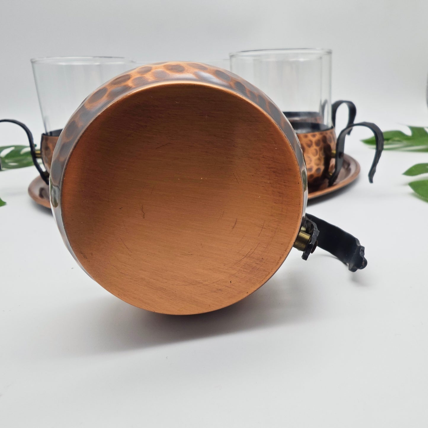 Set of 6 tea glasses with tray copper hammered midcentury vintage tea glass set serving tray page age