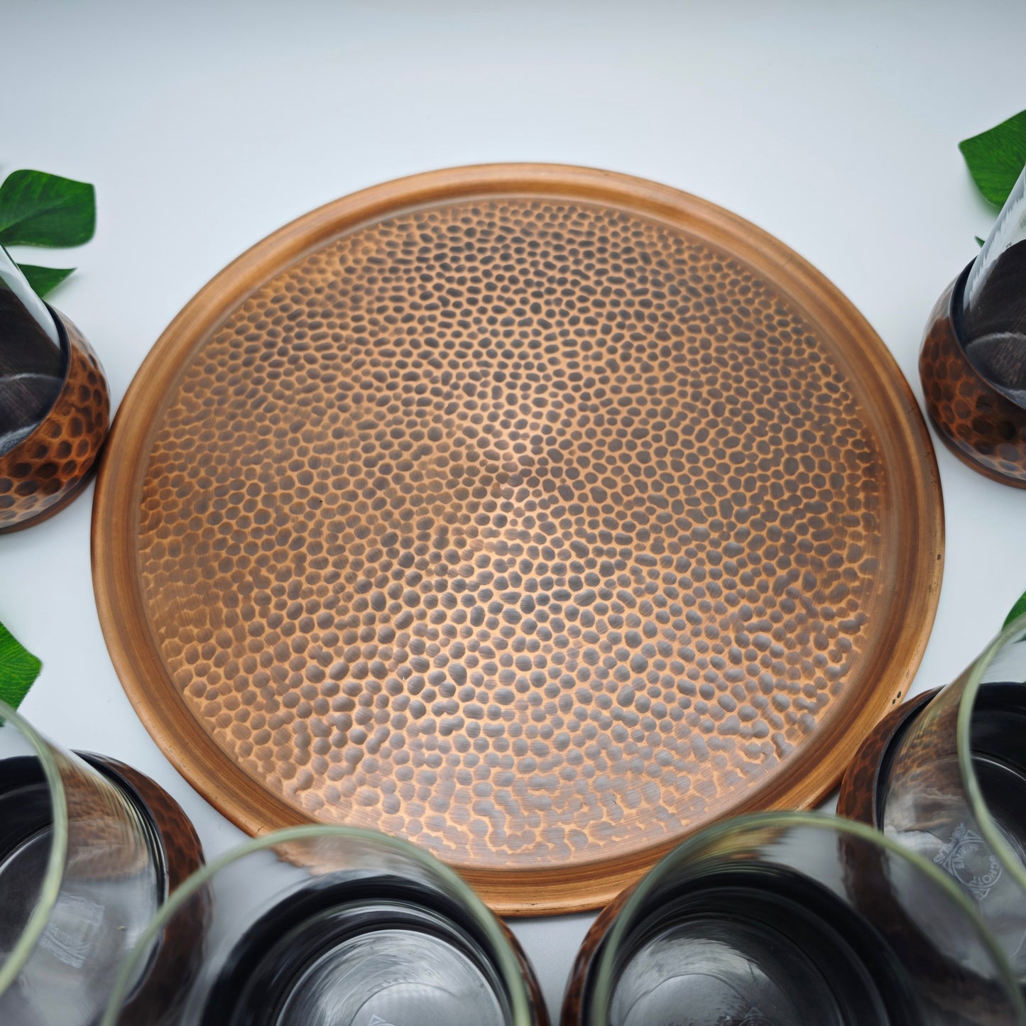 Set of 6 tea glasses with tray copper hammered midcentury vintage tea glass set serving tray page age