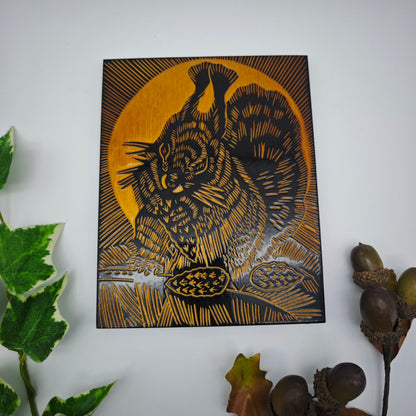 Holzbild Eichhörnchen handgeschnitzt Wandbild lackiert schwarz midcentury Wandbehang