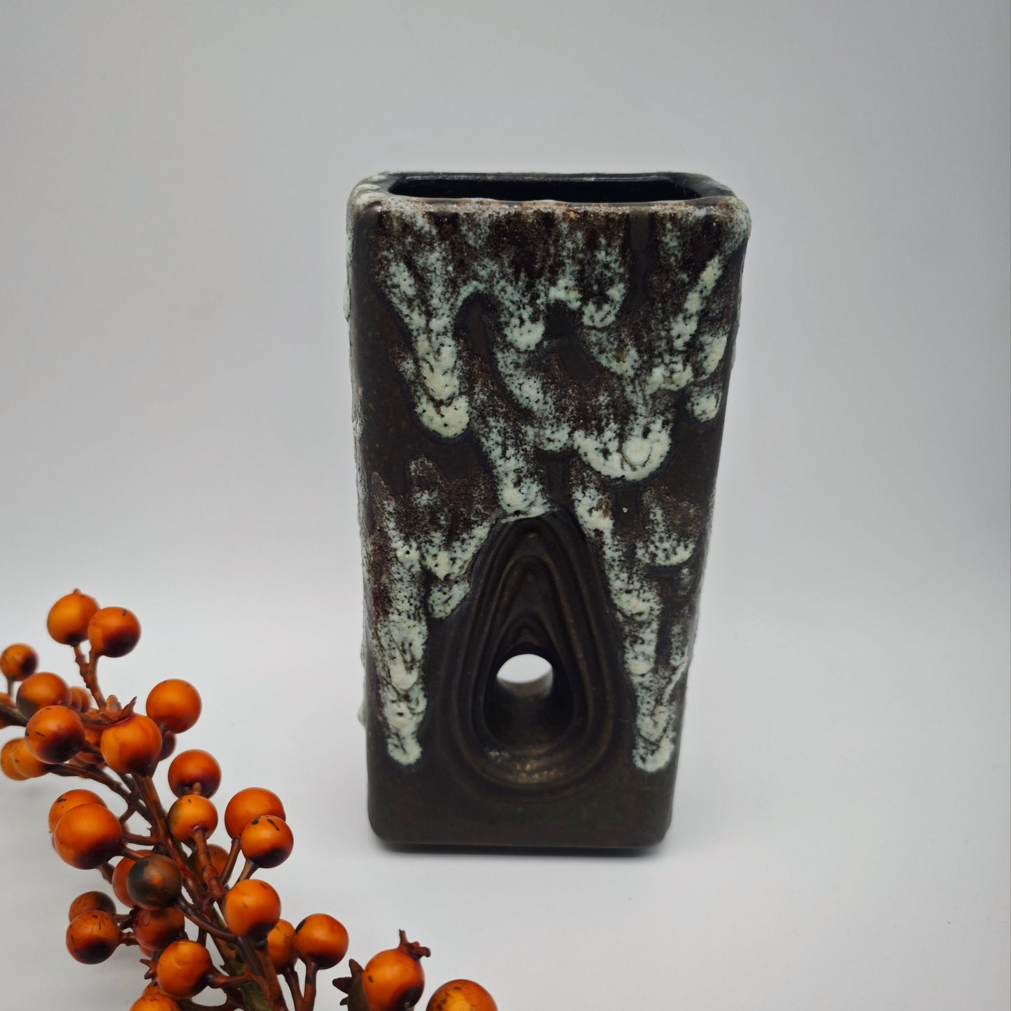 Eckige Fat Lava Vase braun weiß ES Keramik 661-20 Emons & Söhne Lochvase Ikebana WGP West German Pottery