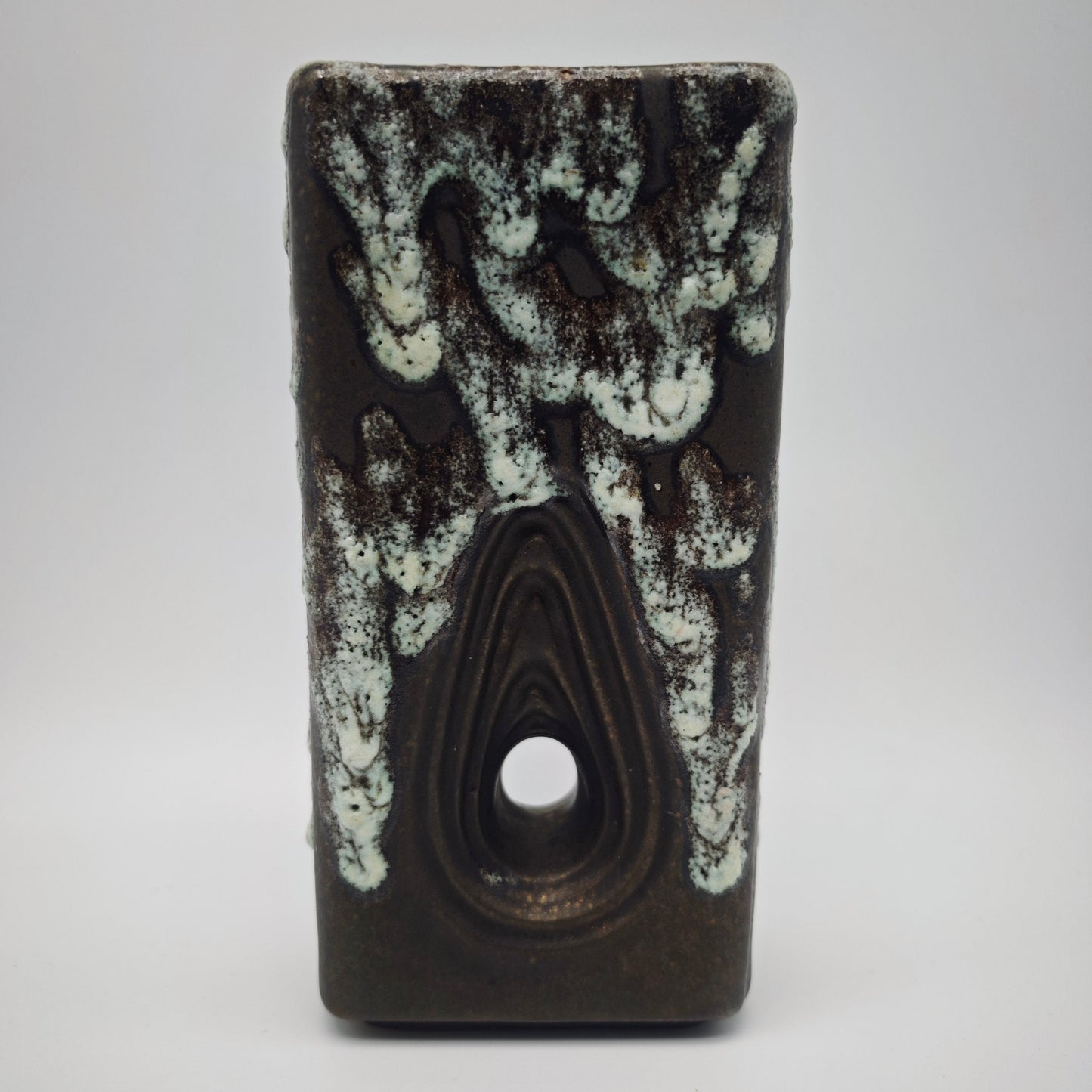 Eckige Fat Lava Vase braun weiß ES Keramik 661-20 Emons & Söhne Lochvase Ikebana WGP West German Pottery