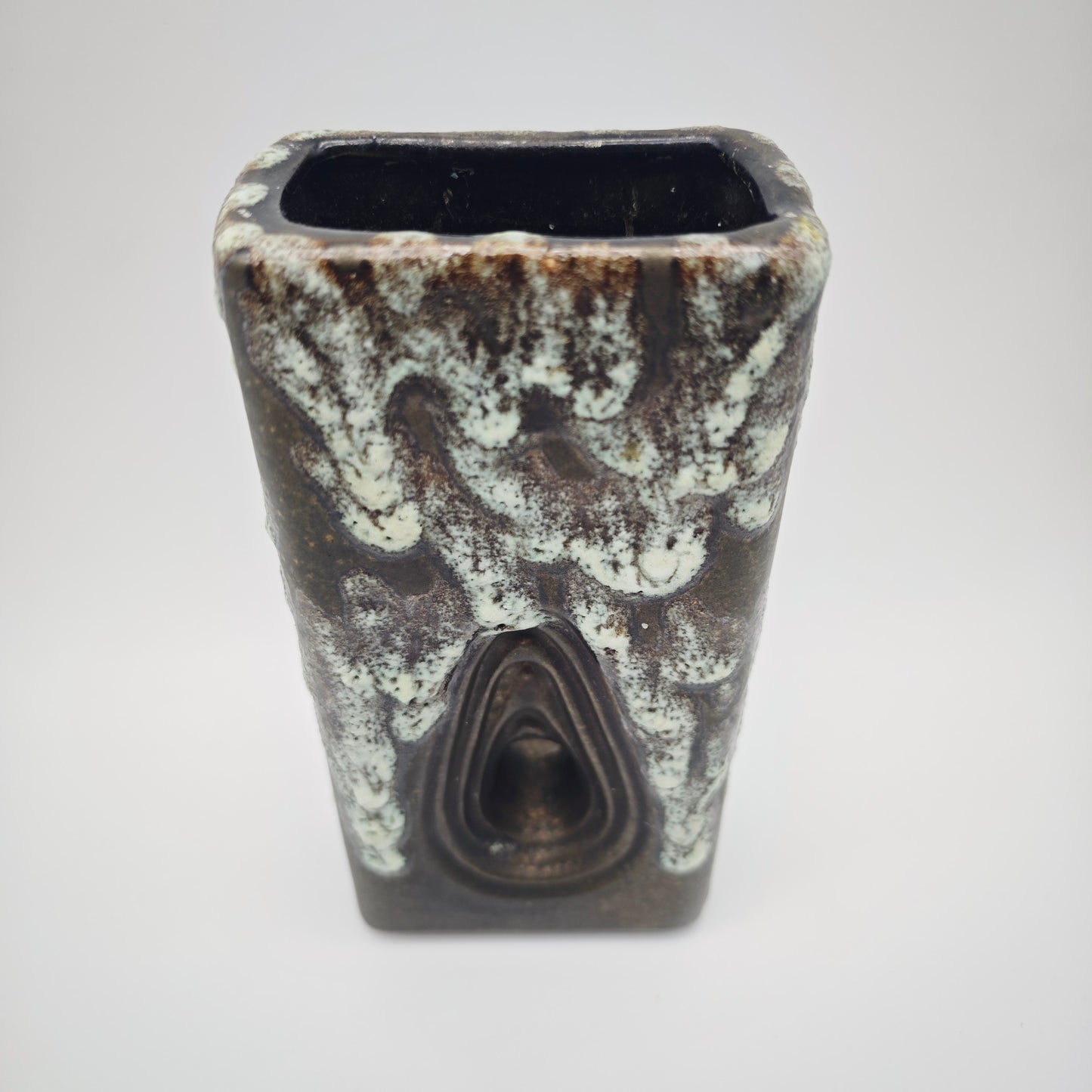 Eckige Fat Lava Vase braun weiß ES Keramik 661-20 Emons & Söhne Lochvase Ikebana WGP West German Pottery
