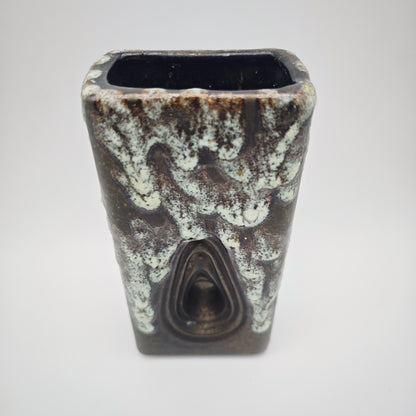 Eckige Fat Lava Vase braun weiß ES Keramik 661-20 Emons & Söhne Lochvase Ikebana WGP West German Pottery