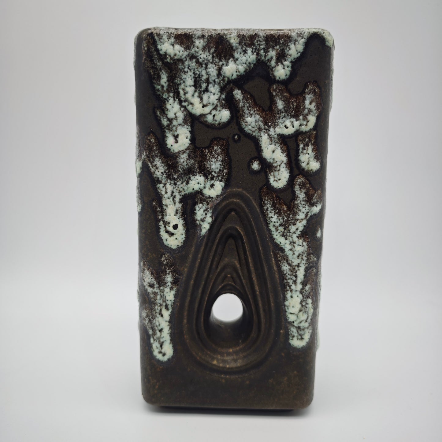 Eckige Fat Lava Vase braun weiß ES Keramik 661-20 Emons & Söhne Lochvase Ikebana WGP West German Pottery