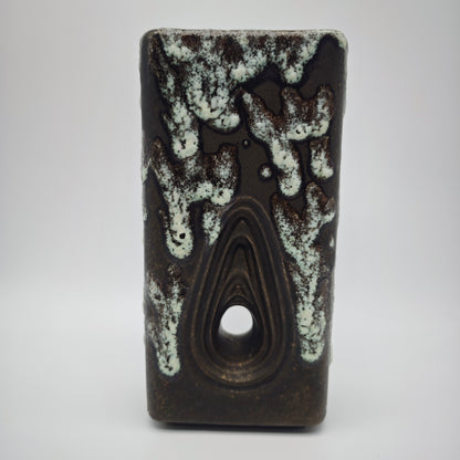 Eckige Fat Lava Vase braun weiß ES Keramik 661-20 Emons & Söhne Lochvase Ikebana WGP West German Pottery
