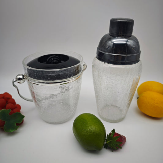 Set cocktail shaker and ice cube container craquele glass silver-plated ice bucket cloverleaf