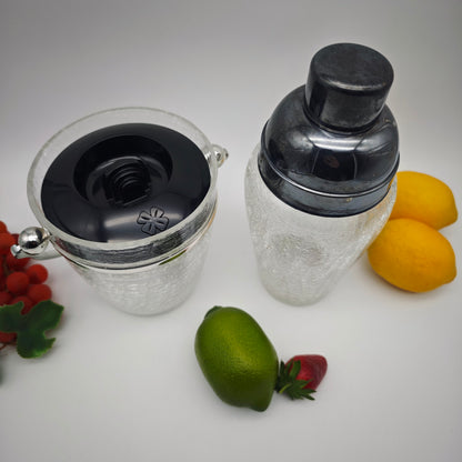 Set Cocktail Shaker und Eiswürfelbehälter Craquele Glas versilbert Eiskübel Kleeblatt