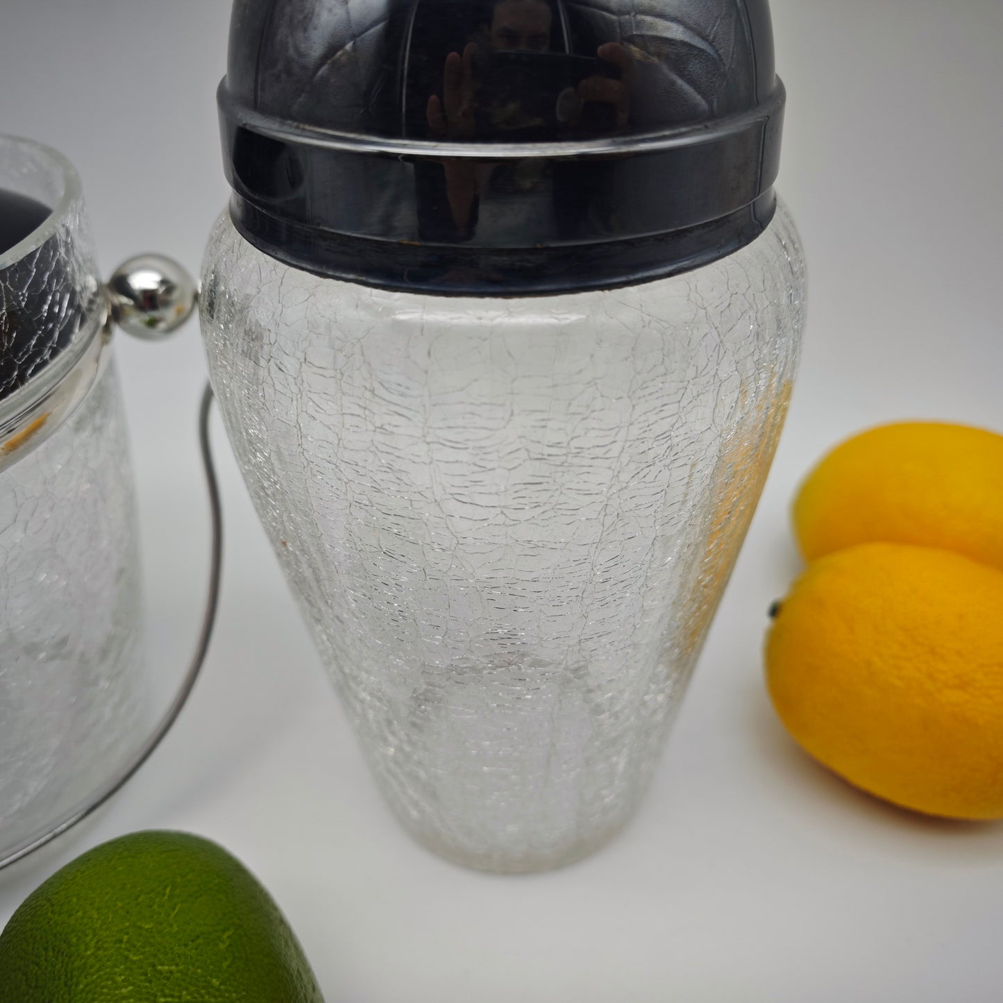 Set Cocktail Shaker und Eiswürfelbehälter Craquele Glas versilbert Eiskübel Kleeblatt