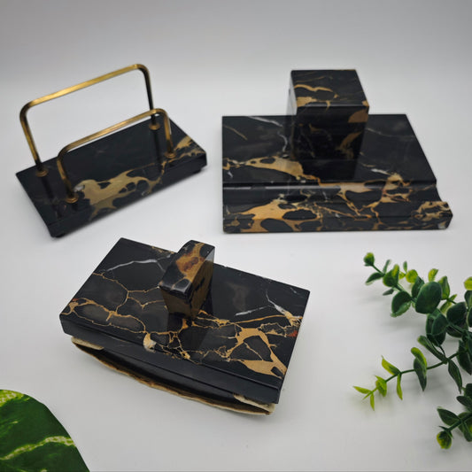 3-piece desk set antique black marble Art Deco desk set inkwell blotting cradle letter holder pen tray handwriting natural stone
