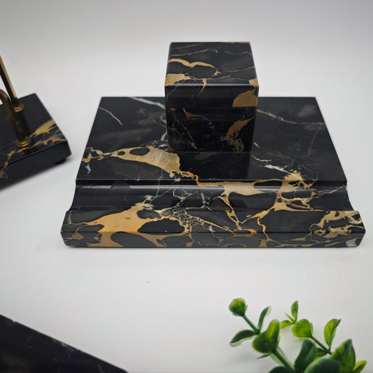 3-piece desk set antique black marble Art Deco desk set inkwell blotting cradle letter holder pen tray handwriting natural stone