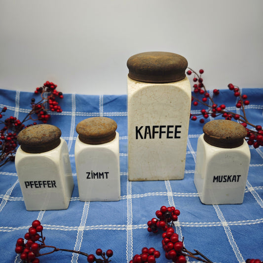 4x Vorratsdosen Set Vorratsbehälter antik Keramik cremefarben Art Deco Kaffee Pfeffer Zimt Muskat Set Gewürzbehälter Küchendekoration