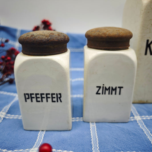 4x Vorratsdosen Set Vorratsbehälter antik Keramik cremefarben Art Deco Kaffee Pfeffer Zimt Muskat Set Gewürzbehälter Küchendekoration