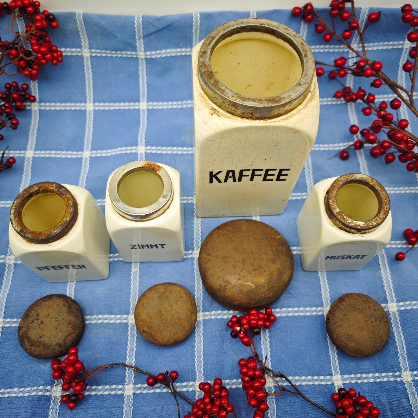 Lot de 4 pots de rangement en céramique antique de couleur crème, style Art déco, pour café, poivre, cannelle, muscade, épices, décoration de cuisine