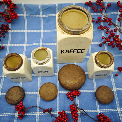 Lot de 4 pots de rangement en céramique antique de couleur crème, style Art déco, pour café, poivre, cannelle, muscade, épices, décoration de cuisine