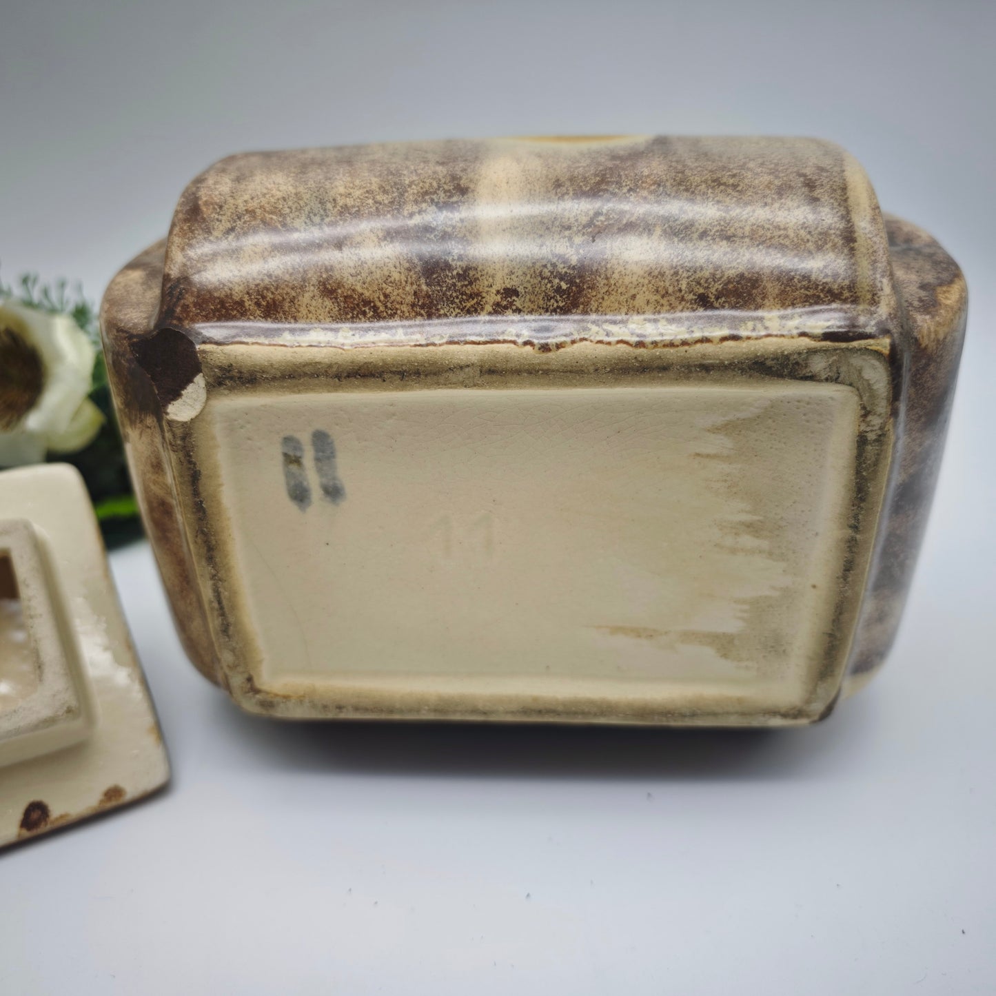 Keramikdose mit Deckel beige-braun Deckeldose Bonboniere Farbfelderdekor