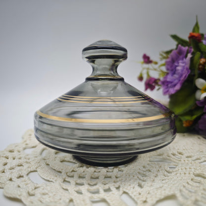 Deckeldose Glas Goldrand grau Mid Century Schmuckdose Zuckerdose Rauchglas Vanity