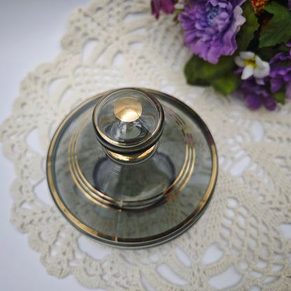 Deckeldose Glas Goldrand grau Mid Century Schmuckdose Zuckerdose Rauchglas Vanity