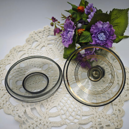 Deckeldose Glas Goldrand grau Mid Century Schmuckdose Zuckerdose Rauchglas Vanity