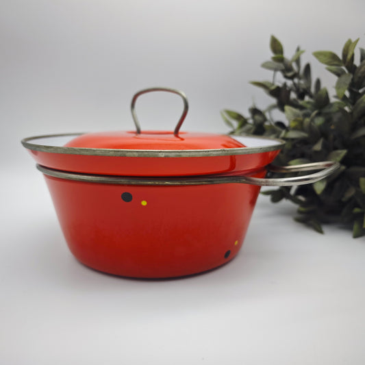 Emaille Kochtopf rot mit Punkten und abnehmbaren Griffen Mid Century Topf Deckel Schüssel