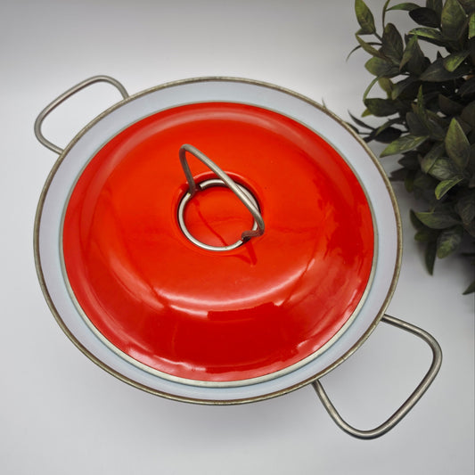 Emaille Kochtopf rot mit Punkten und abnehmbaren Griffen Mid Century Topf Deckel Schüssel