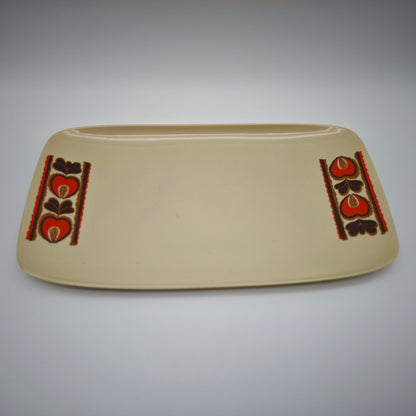 Servierplatte Kunststoff beige 70er Blumenmuster kalte Platte Retro Buffet Snacktablett Mid Century Deko 31 cm vintage