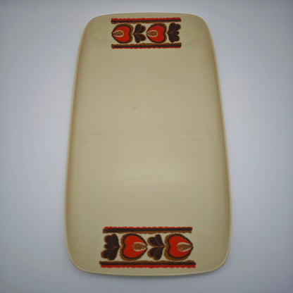 Servierplatte Kunststoff beige 70er Blumenmuster kalte Platte Retro Buffet Snacktablett Mid Century Deko 31 cm vintage