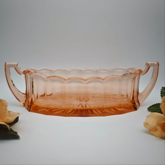Art Deco Glasschale rosa Pressglas Vintage mit Henkeln 32 cm Servierschale Bouquet Dekoschale Mid Century Jugendstil